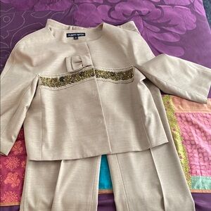 Albert Nipon Beige Suit with Sequin Detail